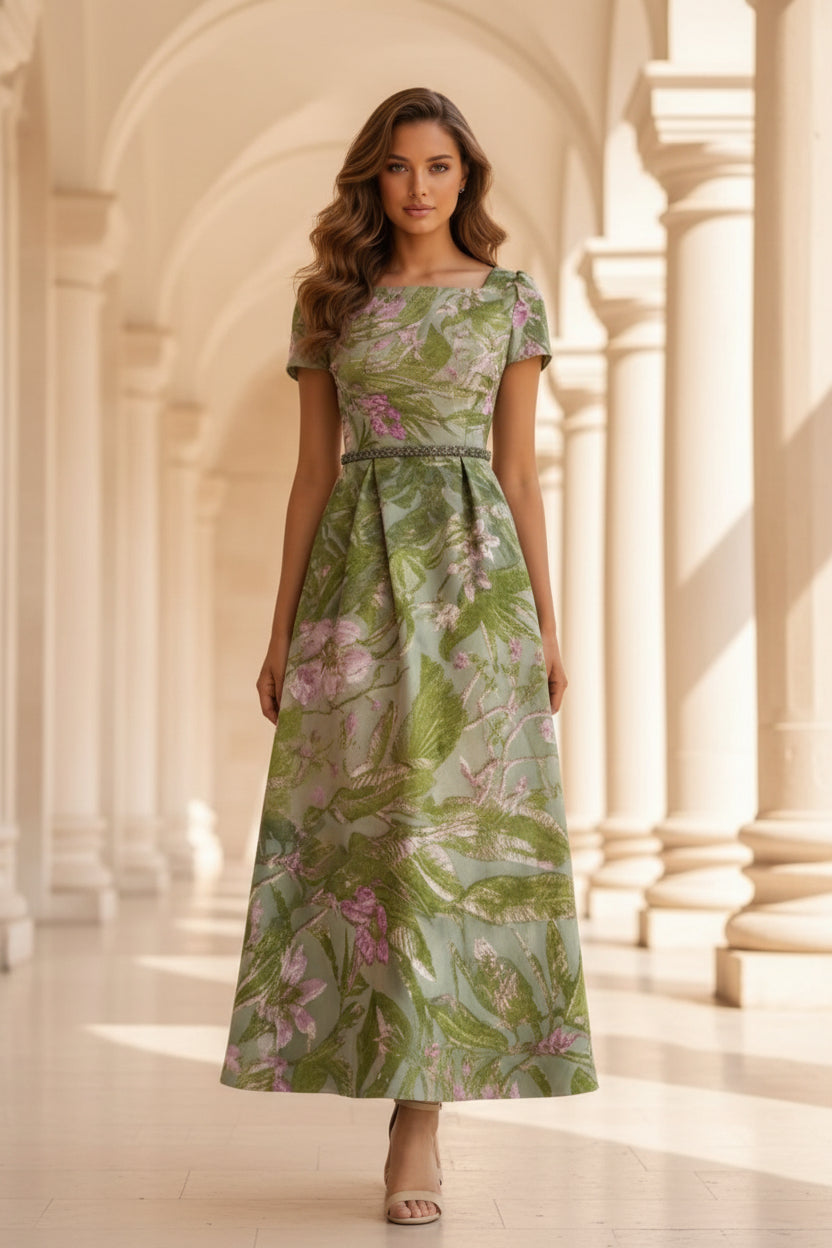 Floral Jacquard Maxi Dress with Beaded Belt