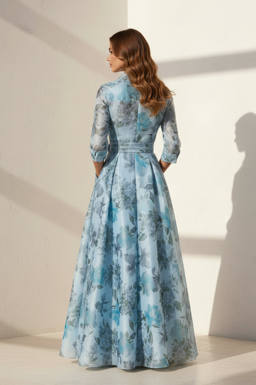 Floral Print Organza Shirt-Style Gown with Bow