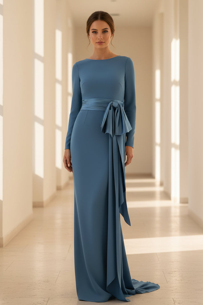 Elegant Long Sleeve Column Evening Gown with Side Bow