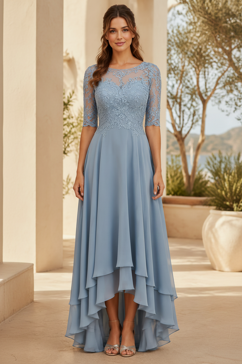Illusion Lace Bodice High-Low Chiffon Evening Gown
