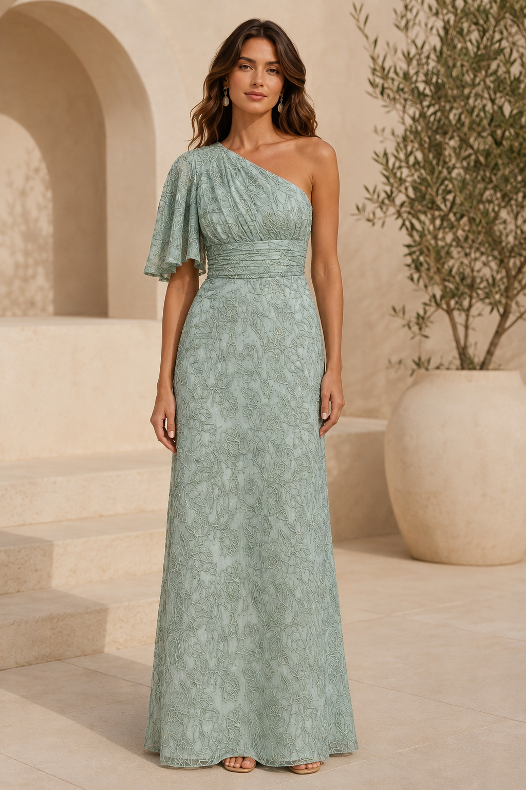 One Shoulder Flutter Sleeve Lace Maxi Evening Gown