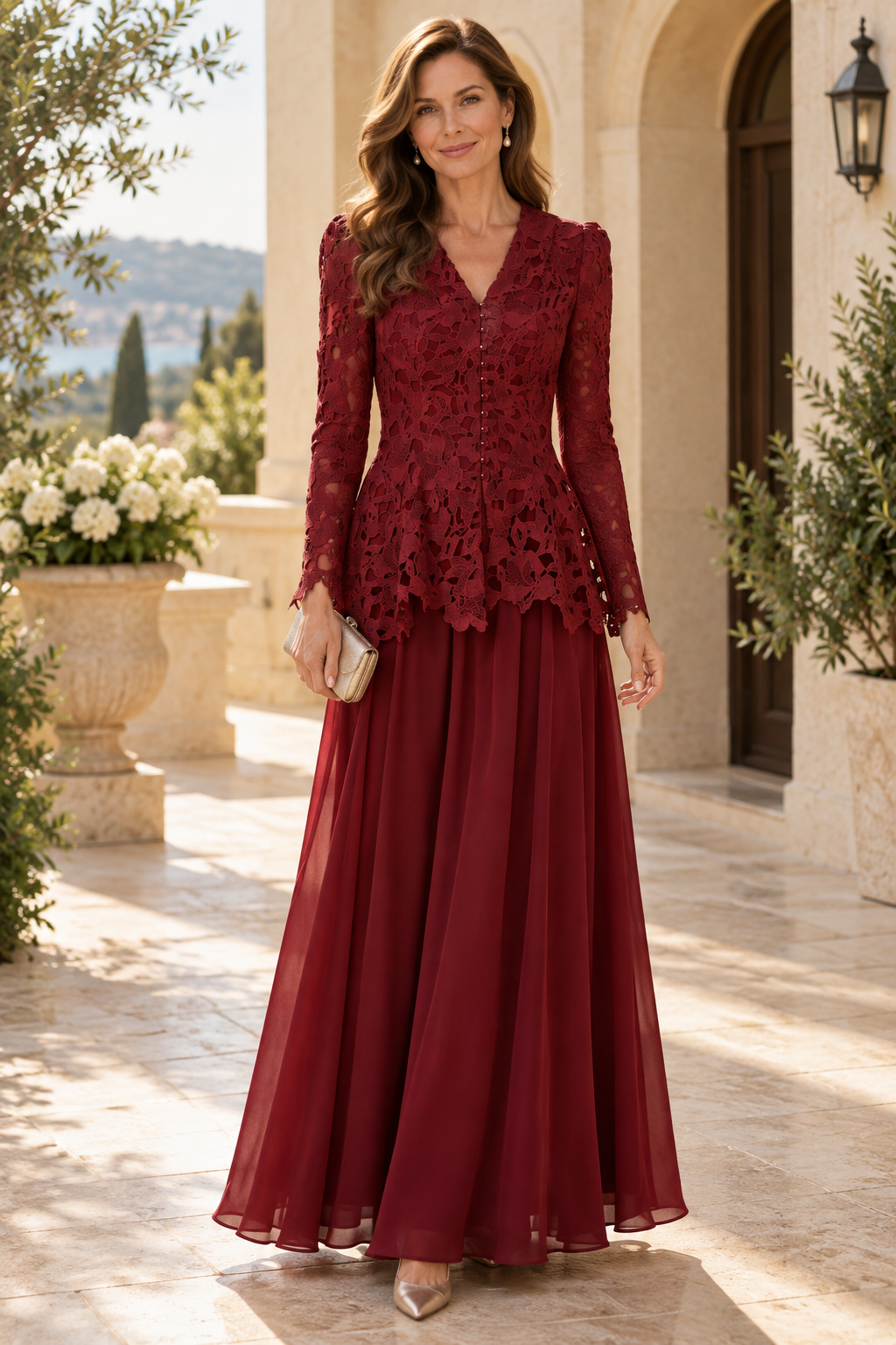 Lace Peplum Long Sleeve Floor-Length Evening Dress