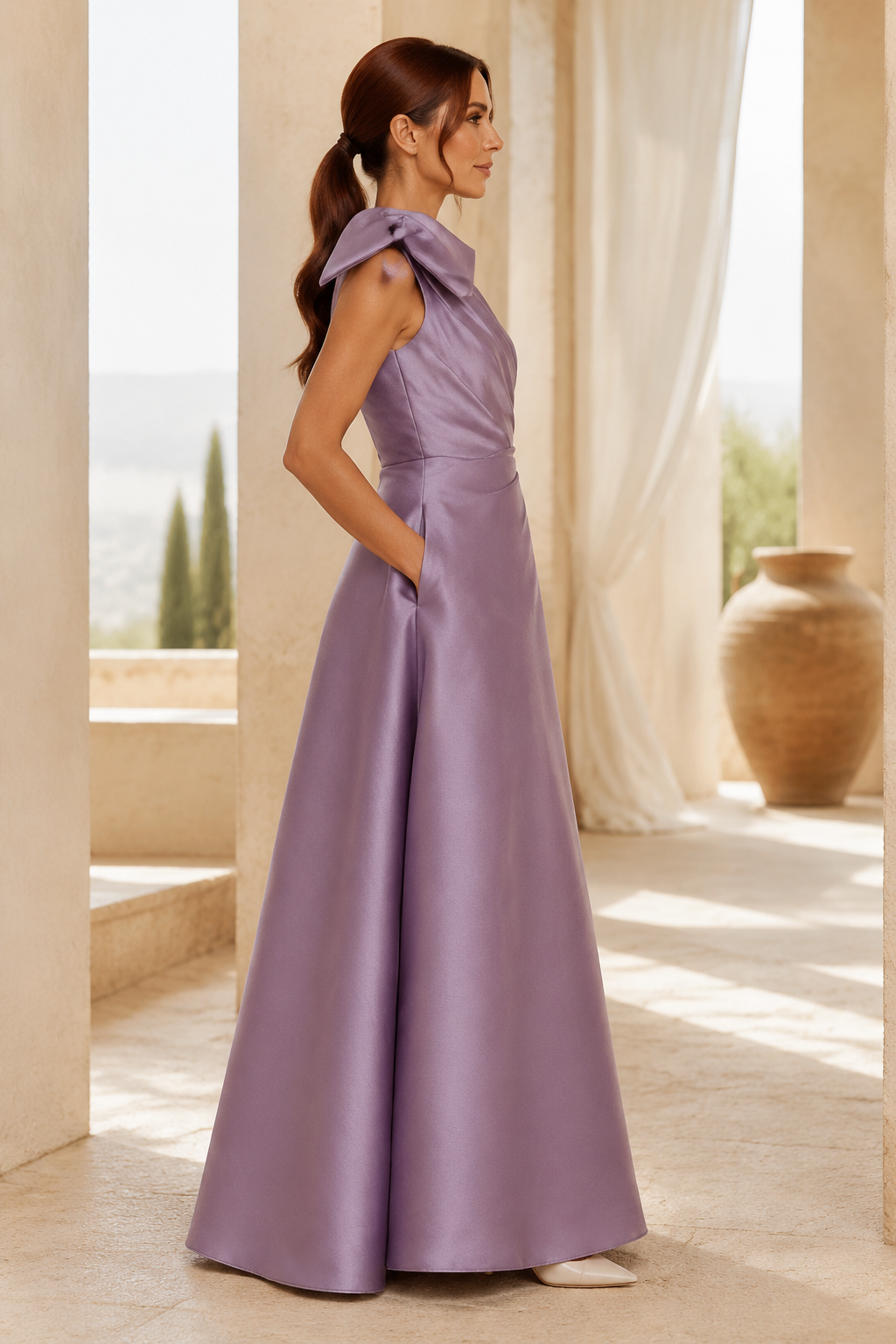 One-Shoulder Satin A-Line Gown with Bow and Pockets