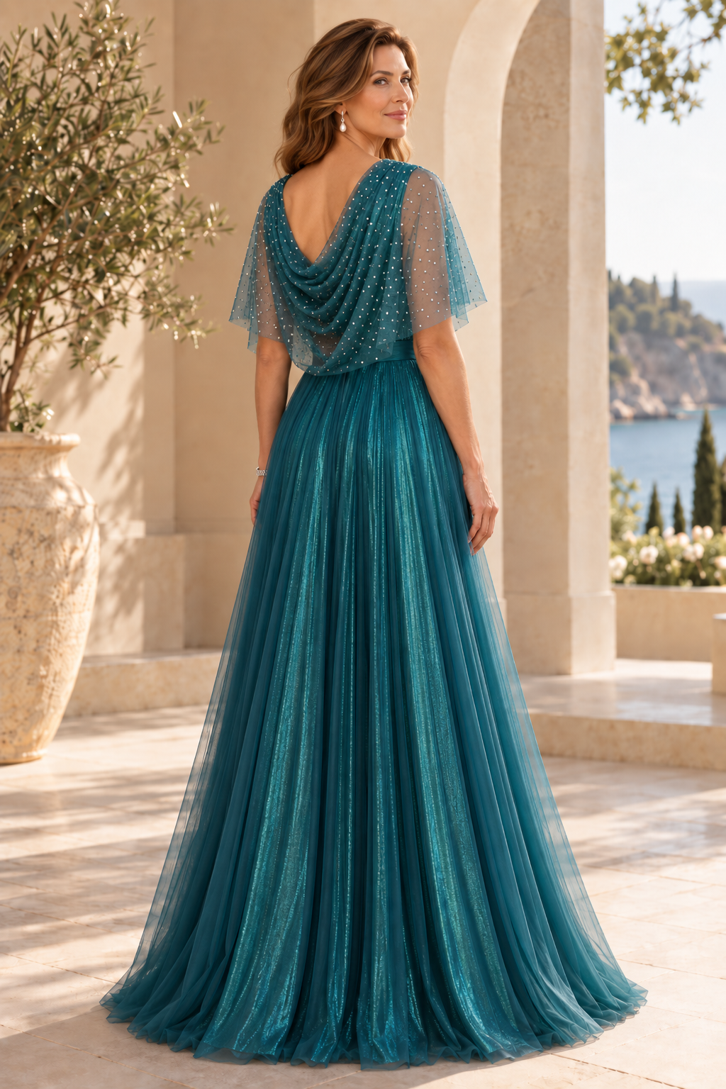 Glitter Tulle Cowl Neck A-Line Gown with Capelet