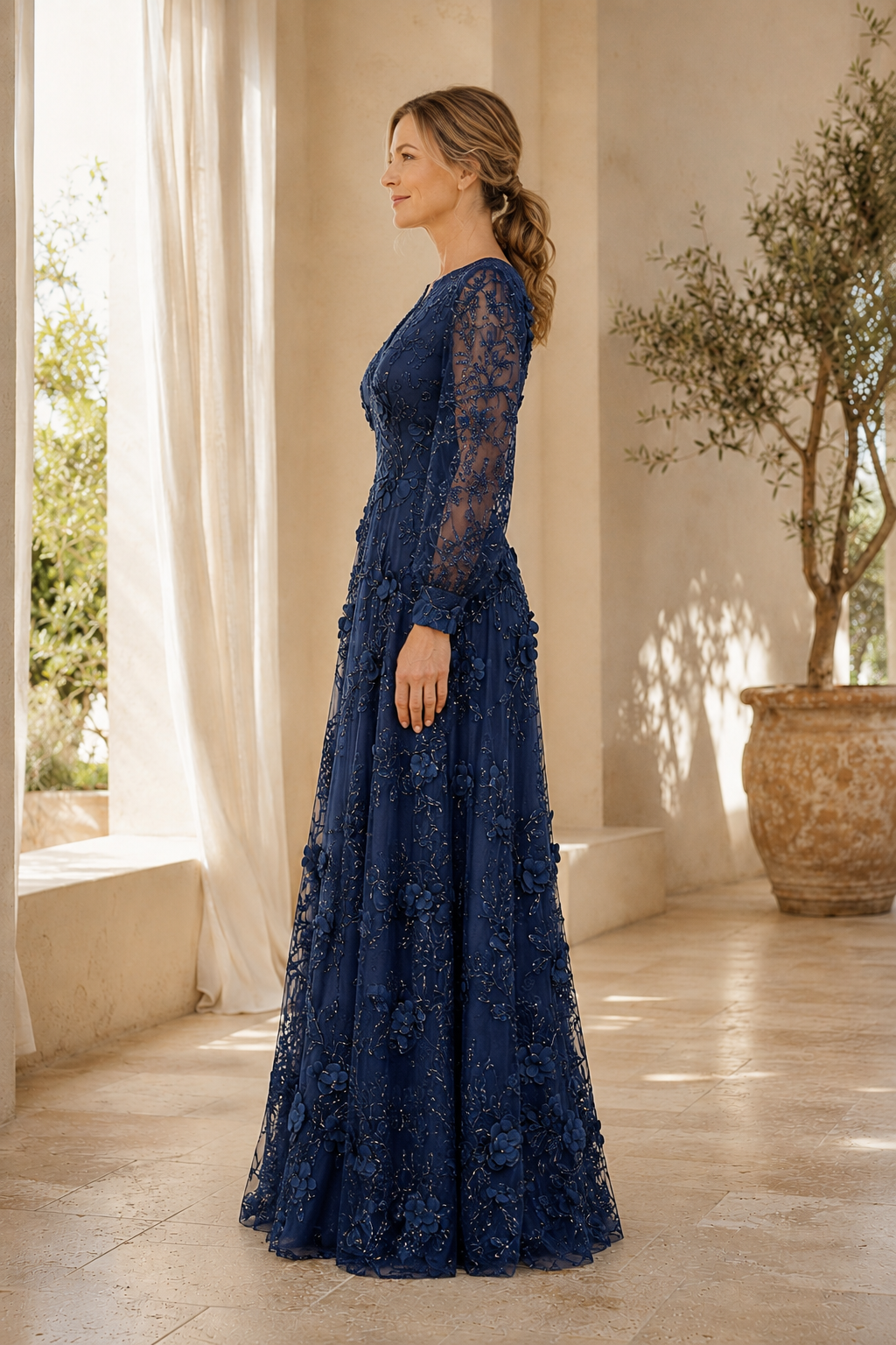 Long Sleeve Lace A-Line Gown with 3D Floral Appliques