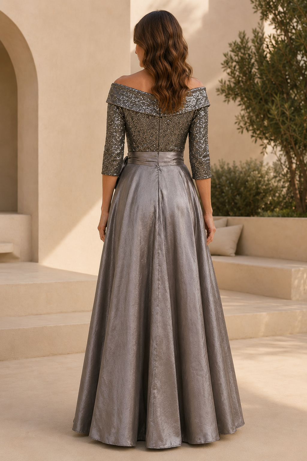 Off-Shoulder Sequin Bodice A-Line Evening Gown