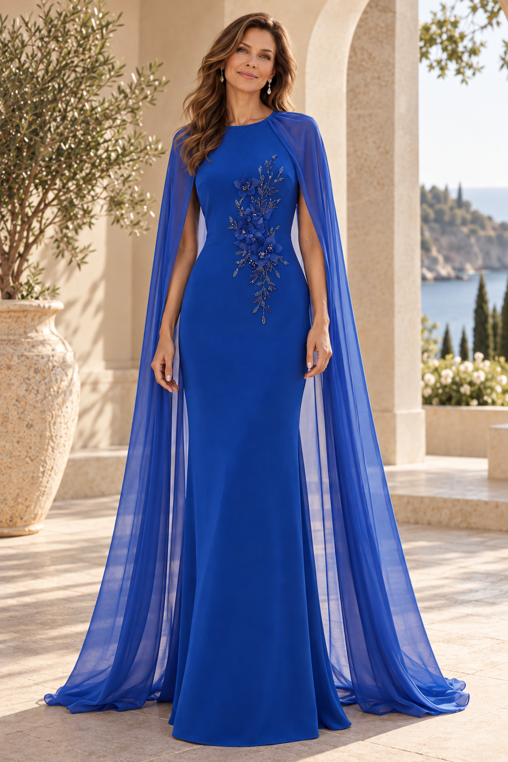 Chiffon Cape Evening Gown with Floral Appliques