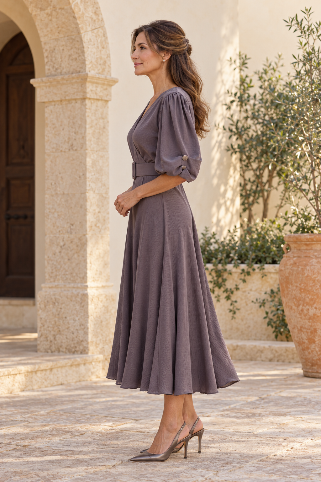 V-Neck Belted Midi Dress with Puff Sleeves