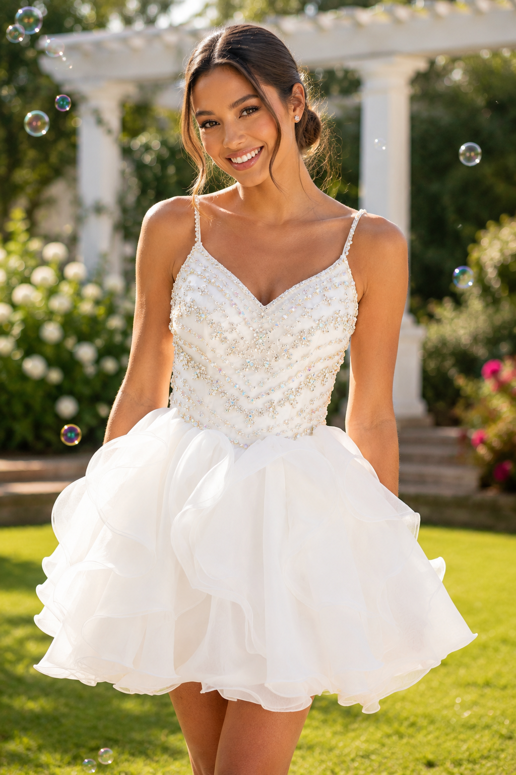 Beaded Bodice Ruffled Organza Mini Dress