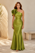 One-Shoulder Satin Mermaid Gown with 3D Rose Detail