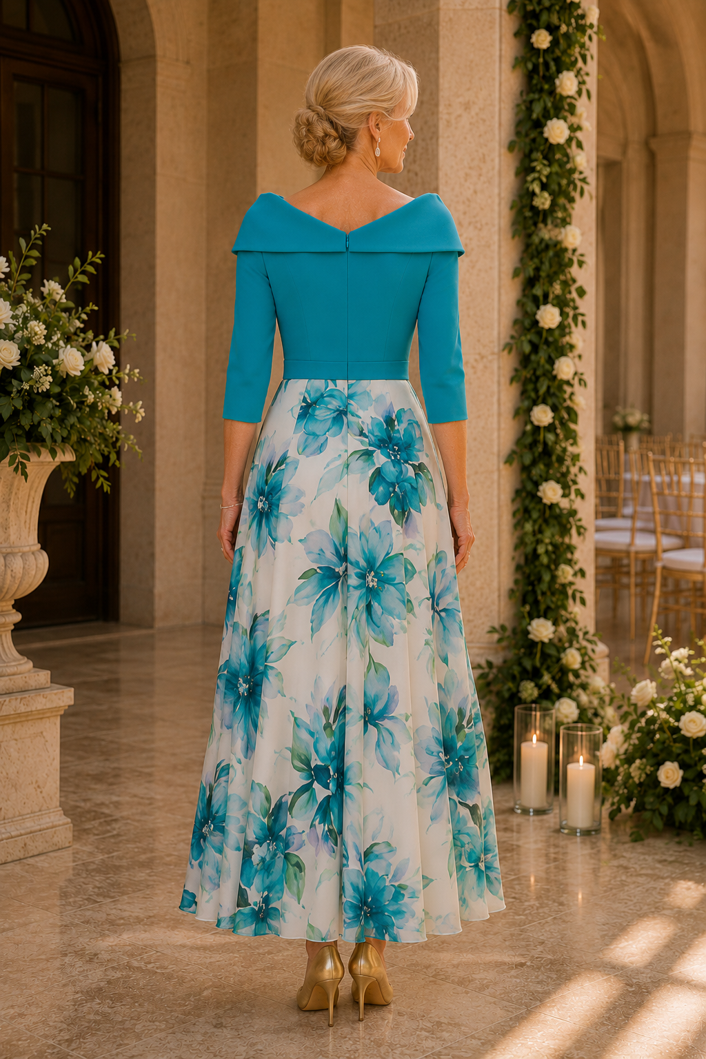 Portrait Collar Floral Pleated Ankle-Length Dress