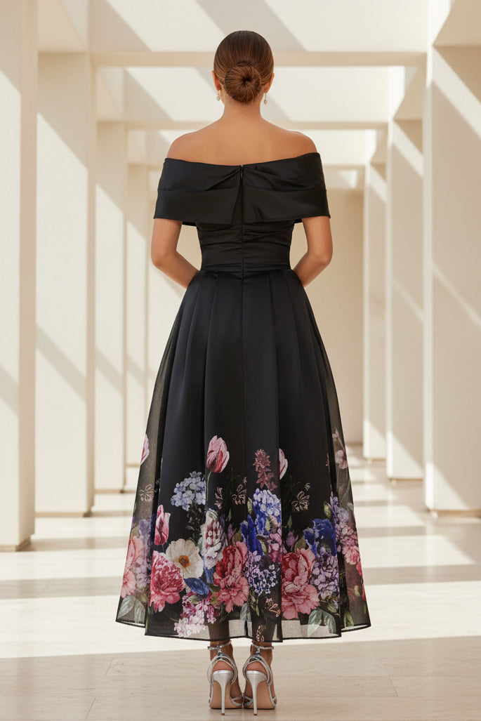 Off-the-Shoulder Floral A-Line Tea-Length Dress