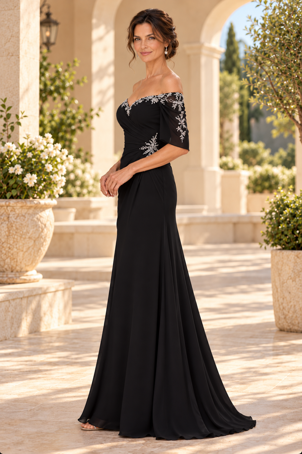 Off-the-Shoulder Beaded Ruched Evening Gown