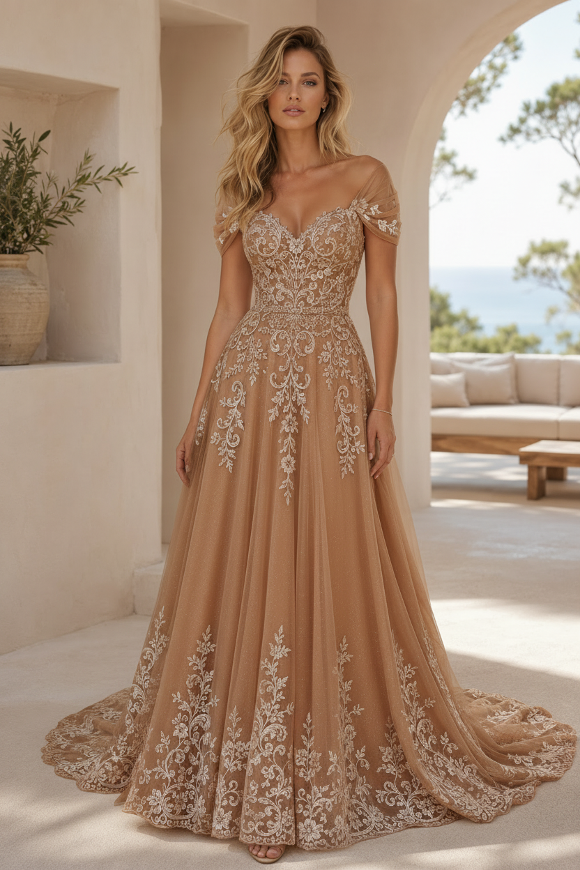 Lace Applique Off-the-Shoulder A-Line Wedding Dress
