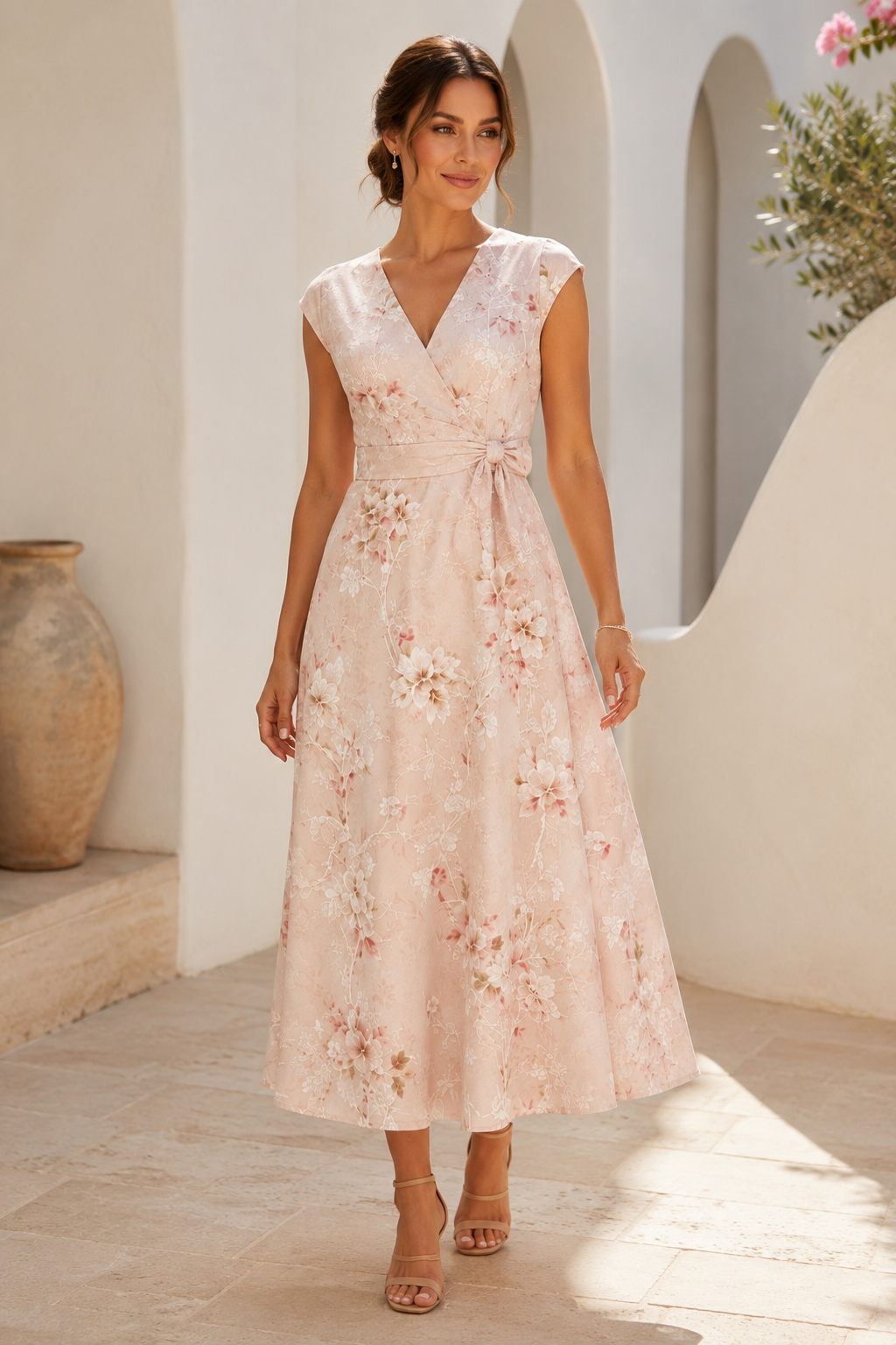 Floral V-Neck Cap Sleeve A-Line Midi Dress
