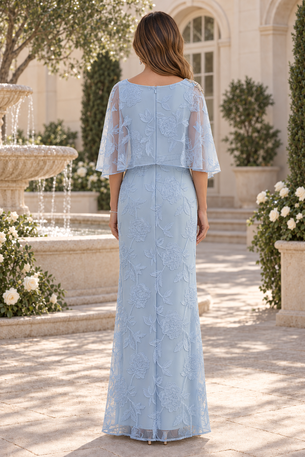 Floral Lace Capelet Column Evening Gown