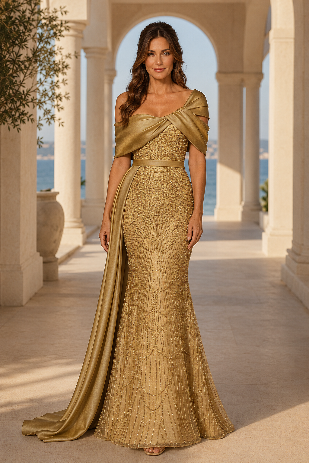 Off-Shoulder Mermaid Gown with Sequin Pattern & Satin Drape