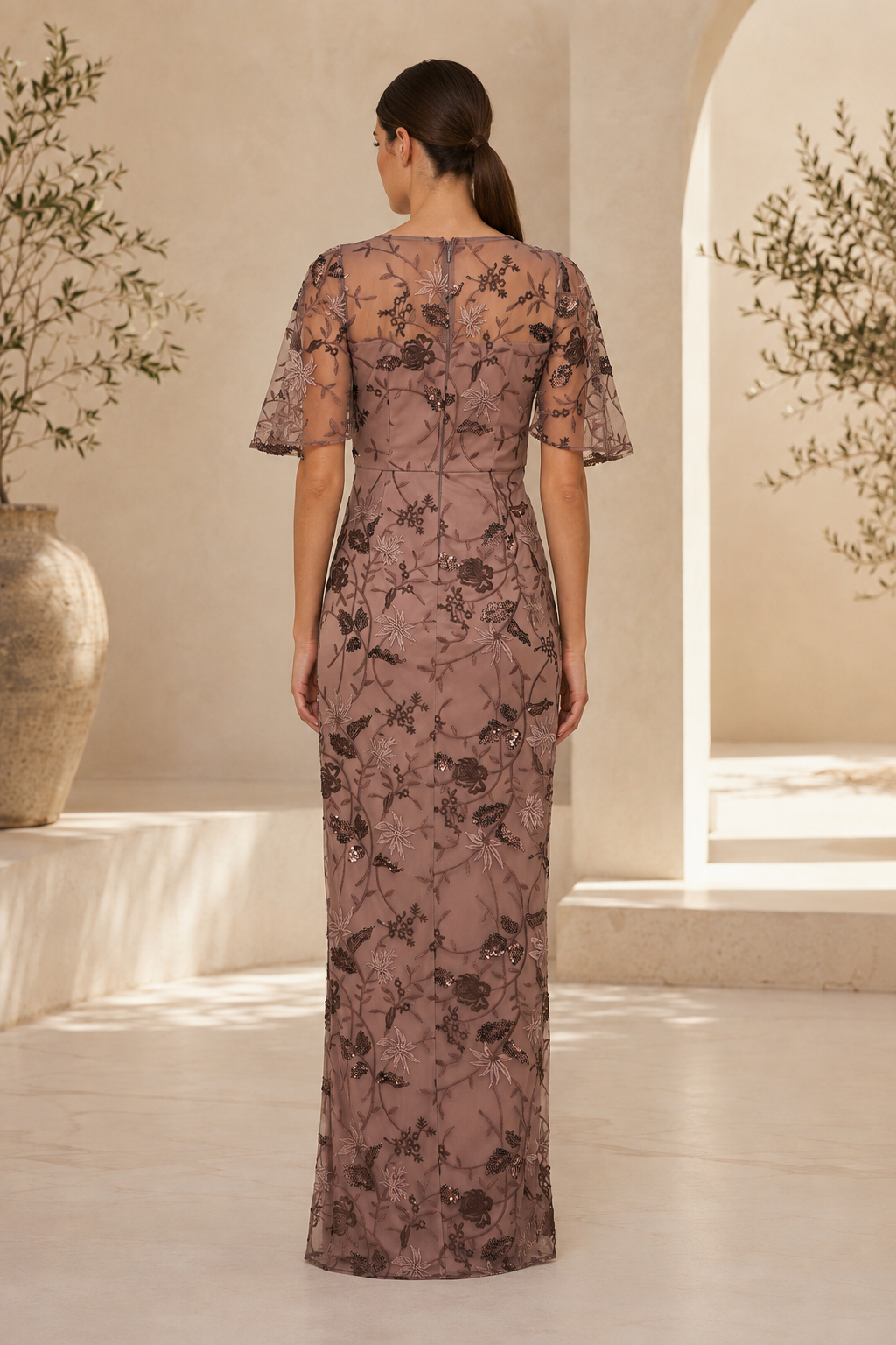 Floral Embroidered Sequin Illusion Sheath Evening Gown