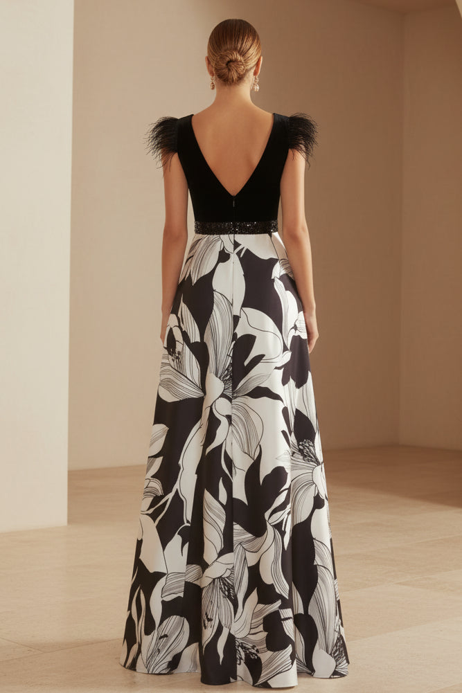 Floral Print V-Neck Evening Gown with Feather Trim