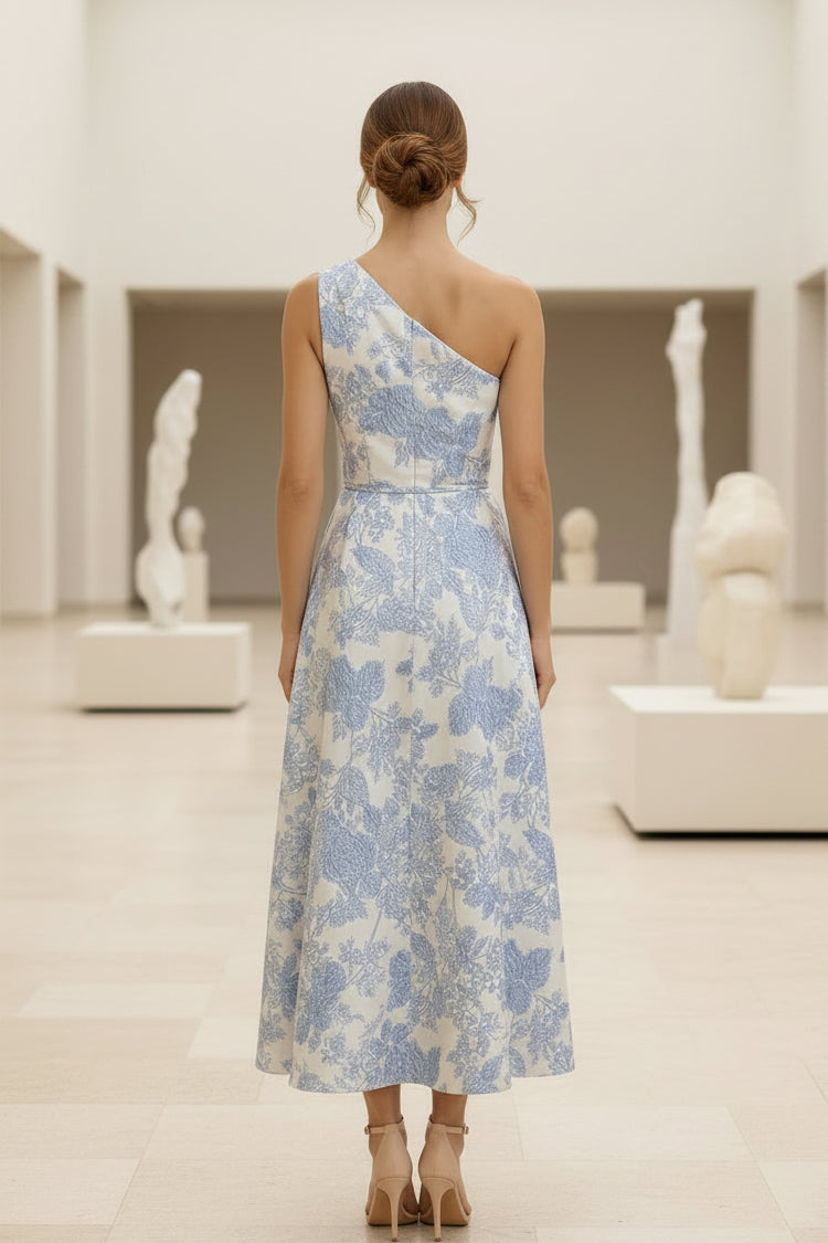 One Shoulder Floral Jacquard Midi Dress with Ruffle