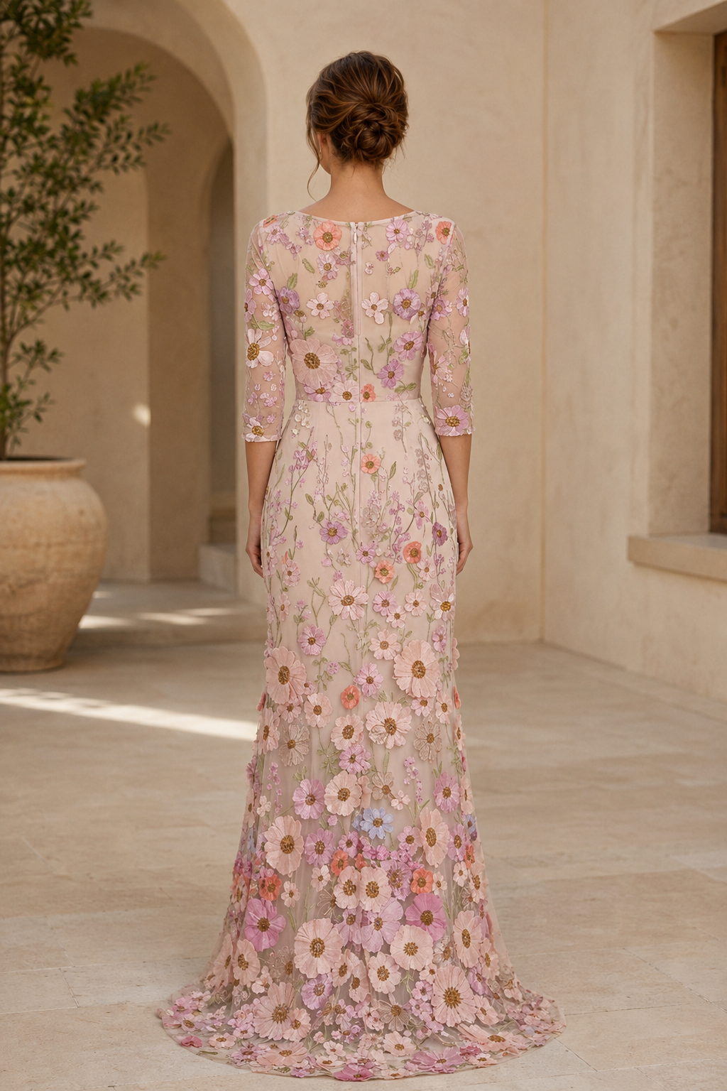 3D Floral Embroidered V-Neck Gown with 3/4 Sleeves