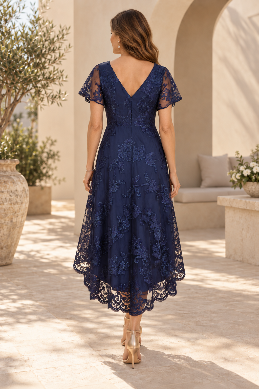 Lace High-Low Dress with Flutter Sleeves