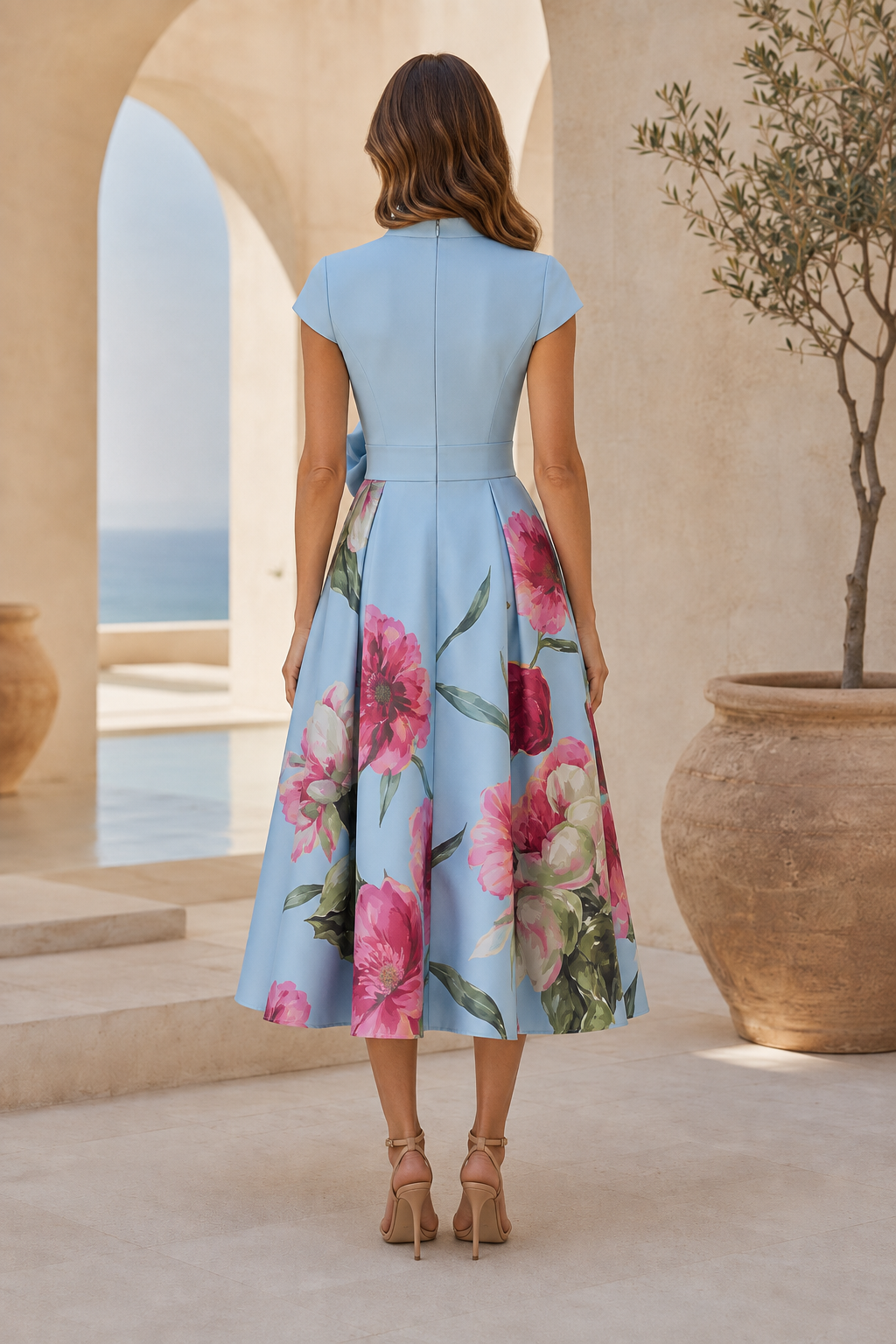 Floral Print Fit-and-Flare Midi Dress with Flower Waist