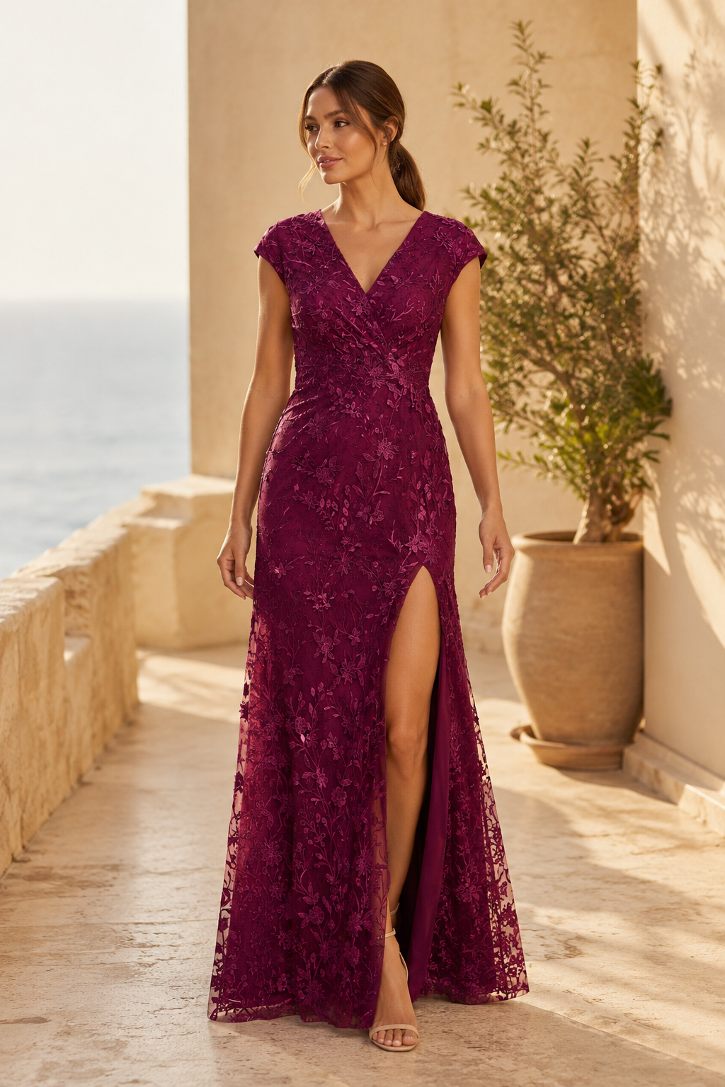 Floral Lace Cap Sleeve Evening Gown with High Slit