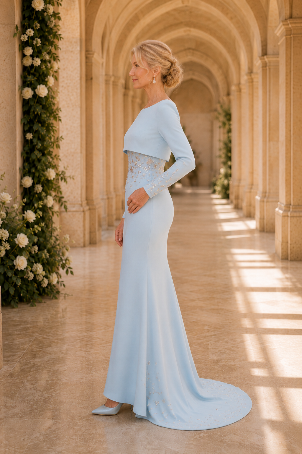 Beaded Sheath Gown with Cropped Overlay