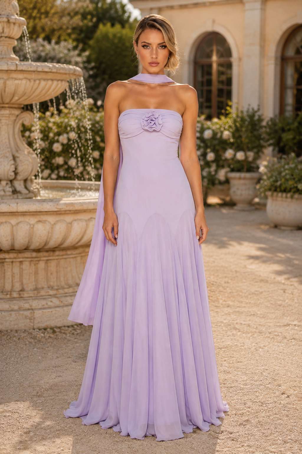 Strapless Rosette Pleated Chiffon Gown with Scarf