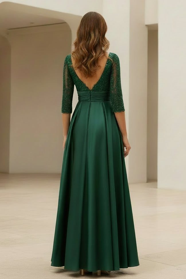 A-Line 3/4 Sleeve Illusion Lace and Satin Evening Gown