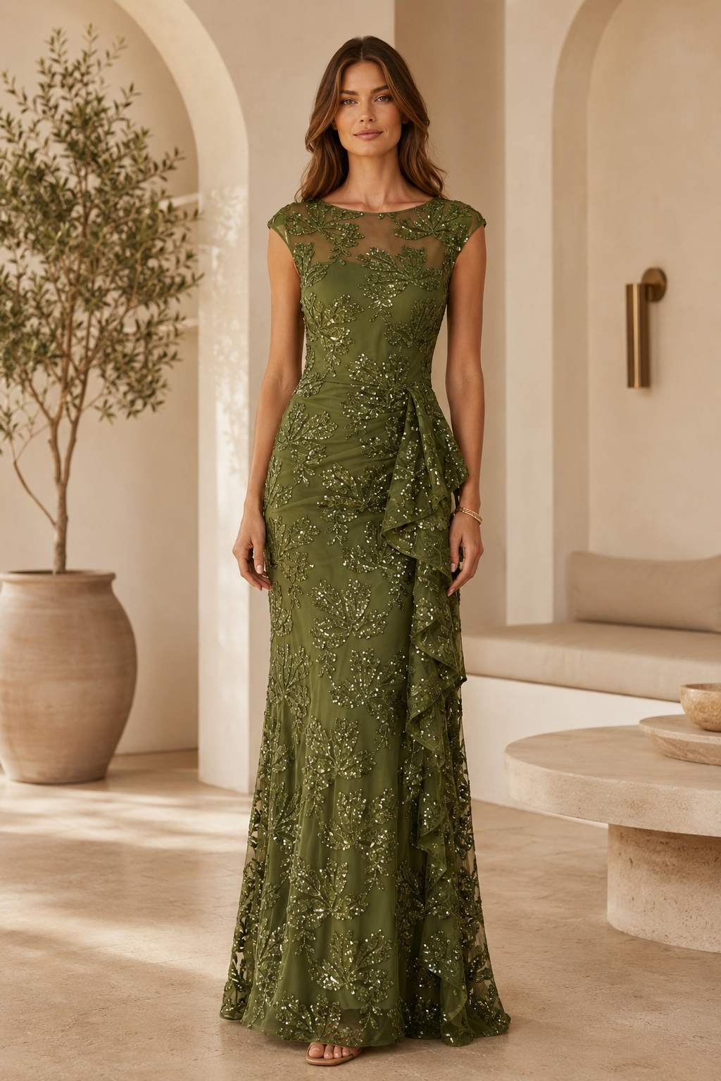 Sequin Leaf Illusion Column Gown with Ruffle