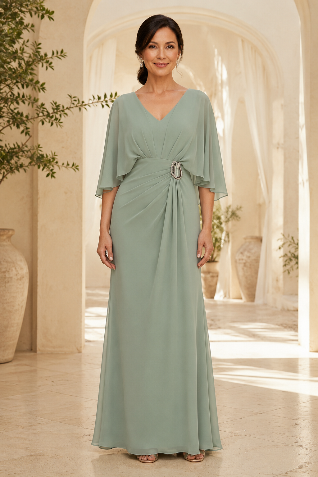 Flutter Cape Sleeve Evening Gown with Rhinestone Buckle