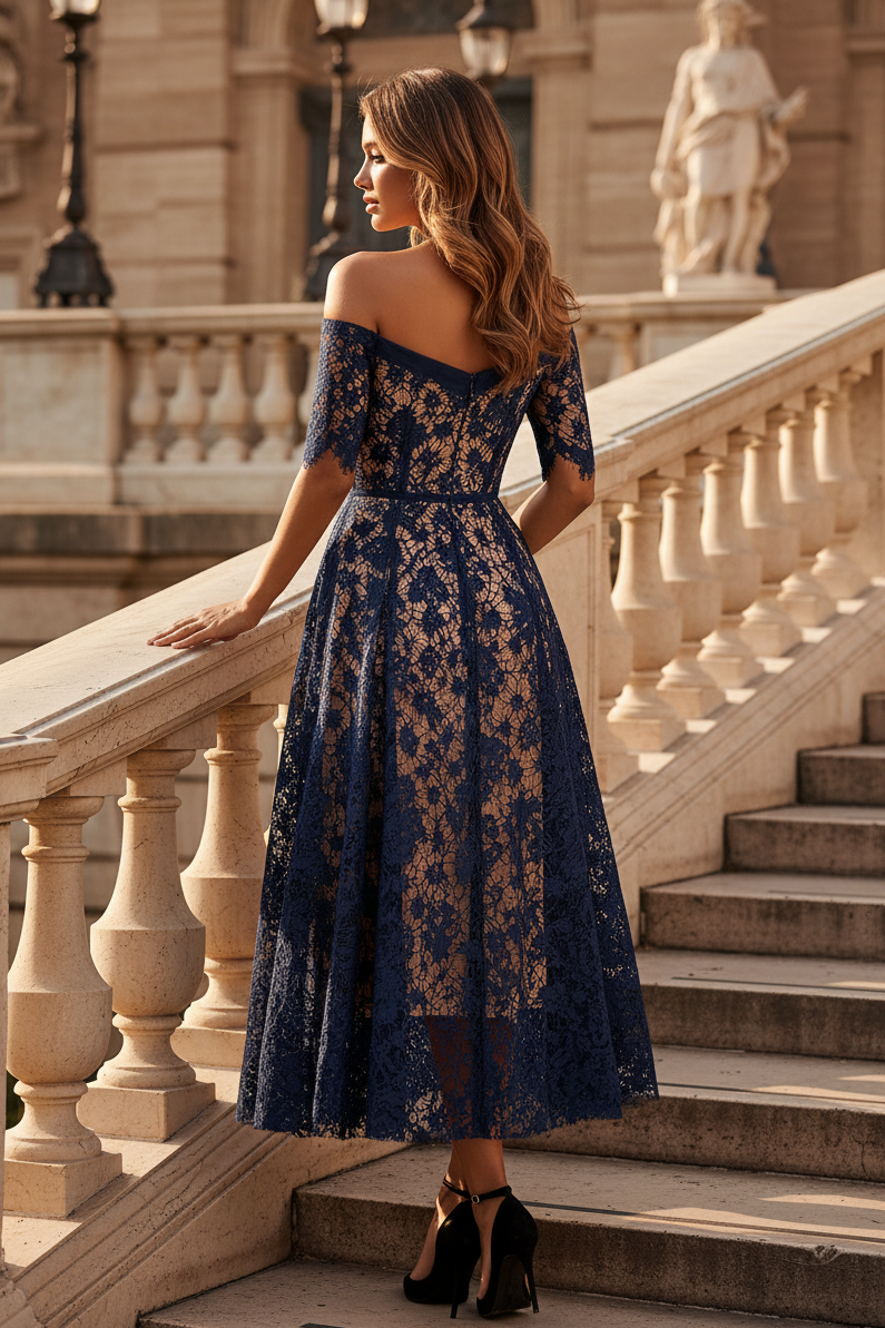 Off-Shoulder Lace Tea-Length Dress