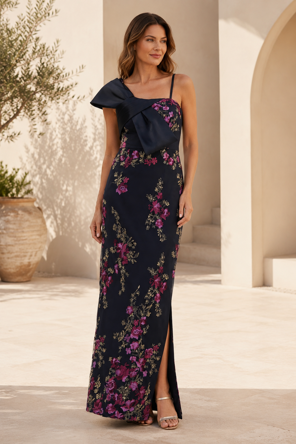 One-Shoulder Floral Embroidered Evening Gown with Slit