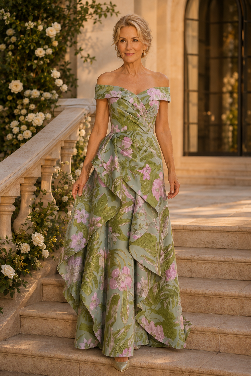 Off-the-Shoulder Floral Jacquard Cascading Gown