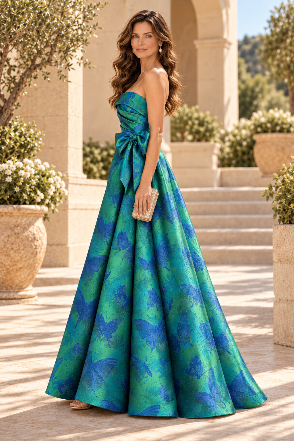 Strapless Butterfly Jacquard A-Line Gown