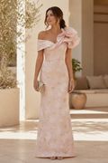 Off-Shoulder Floral Jacquard Column Gown with Ruffle Flower