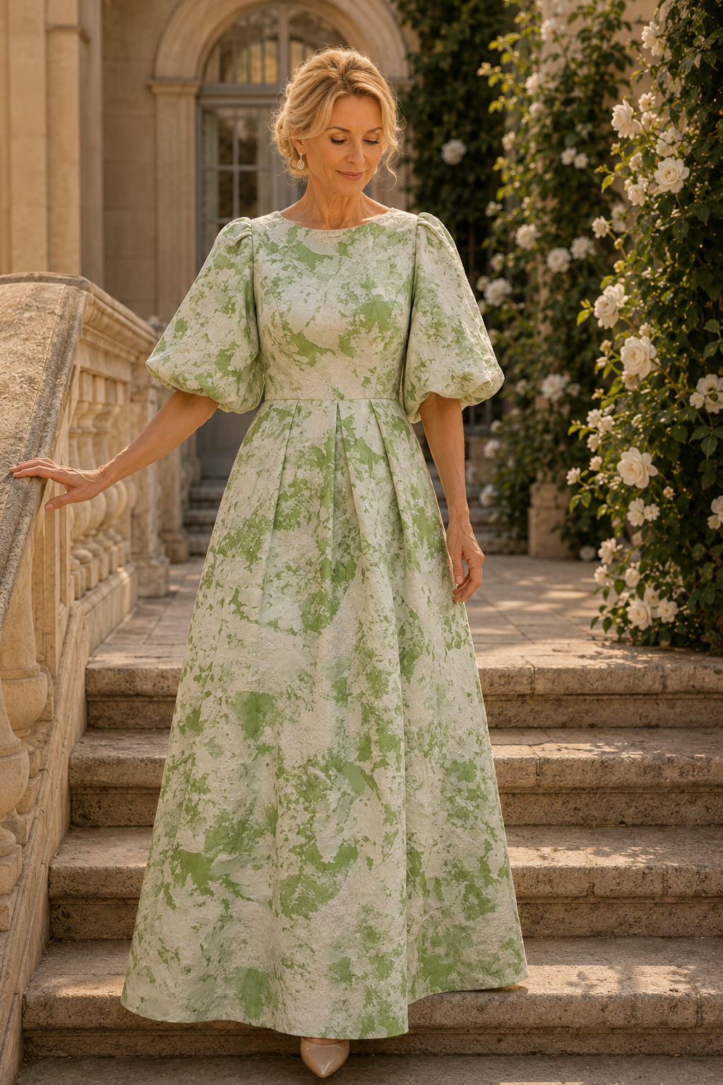 Puff Sleeve Pleated A-Line Maxi Dress