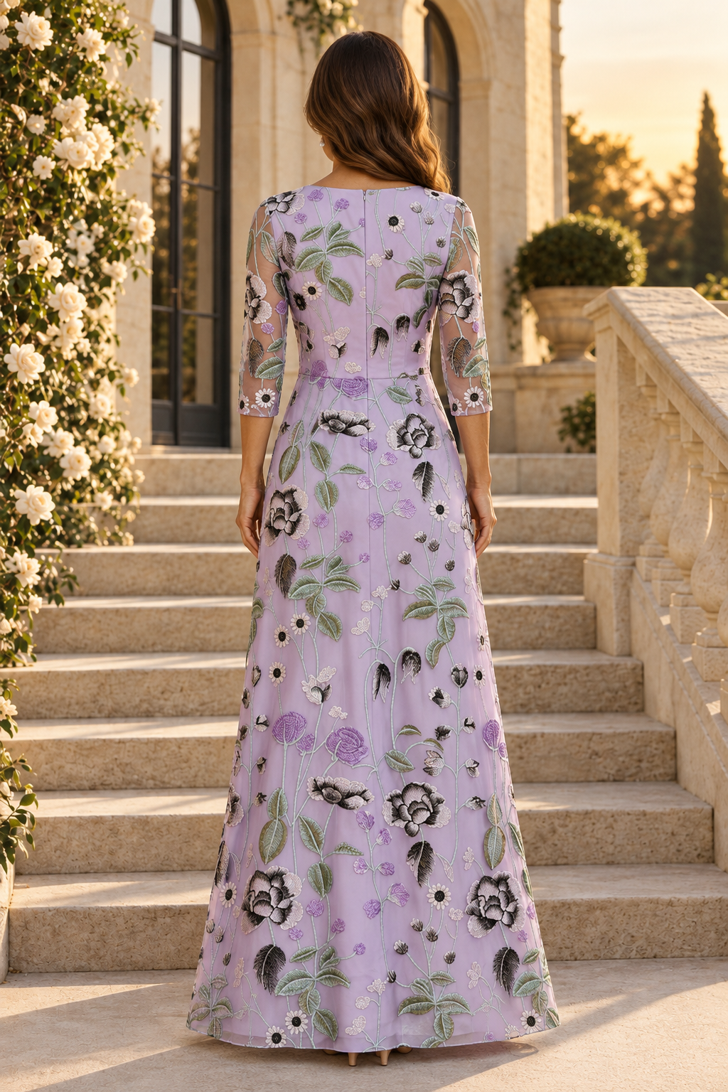 Embroidered Floral A-Line Gown with 3/4 Sleeves