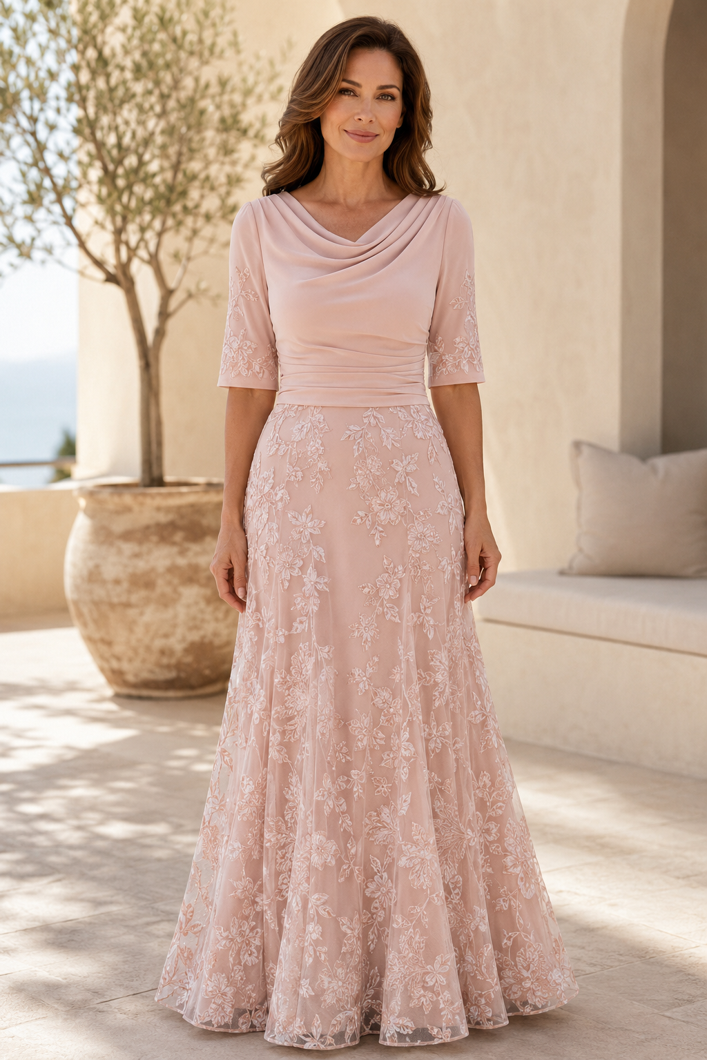 A-Line Lace Evening Gown with Cowl Neck and Elbow Sleeves