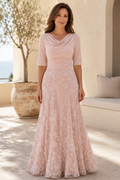 A-Line Lace Evening Gown with Cowl Neck and Elbow Sleeves