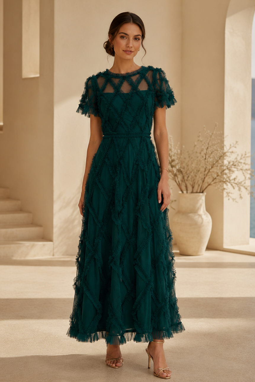 Ruffled Tulle A-Line Dress with Illusion Neckline