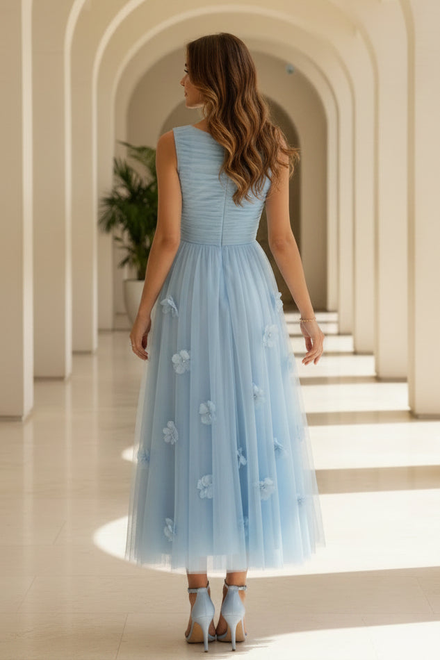 Ruched Tulle A-Line Midi Dress with 3D Flowers