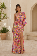 One Shoulder Floral Print Maxi Dress with High Slit