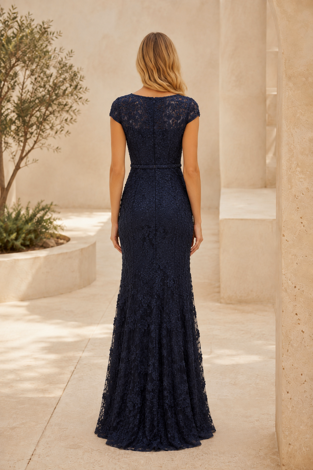 Floral Lace Cap Sleeve Mermaid Evening Gown