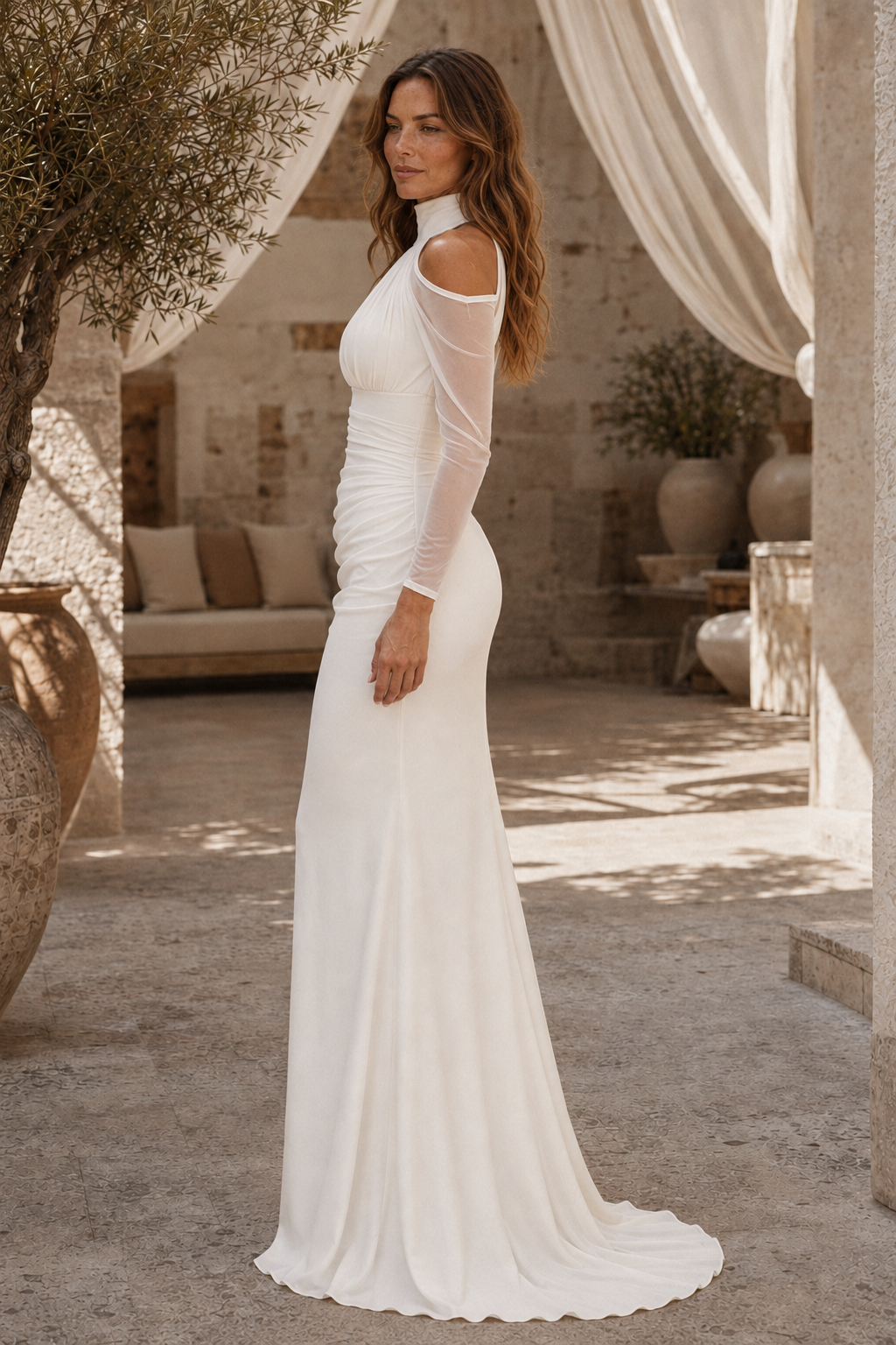 High Neck Cold Shoulder Ruched Maxi Dress