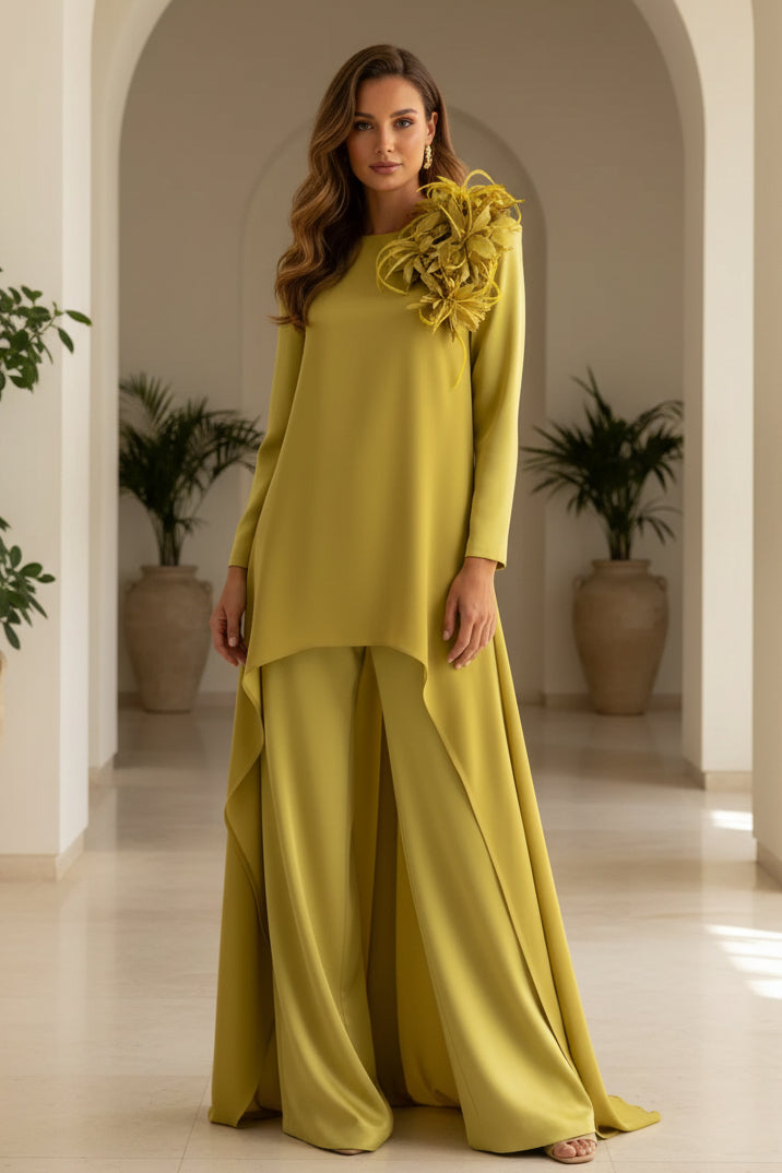 Elegant Asymmetrical Pantsuit with 3D Flower Detail