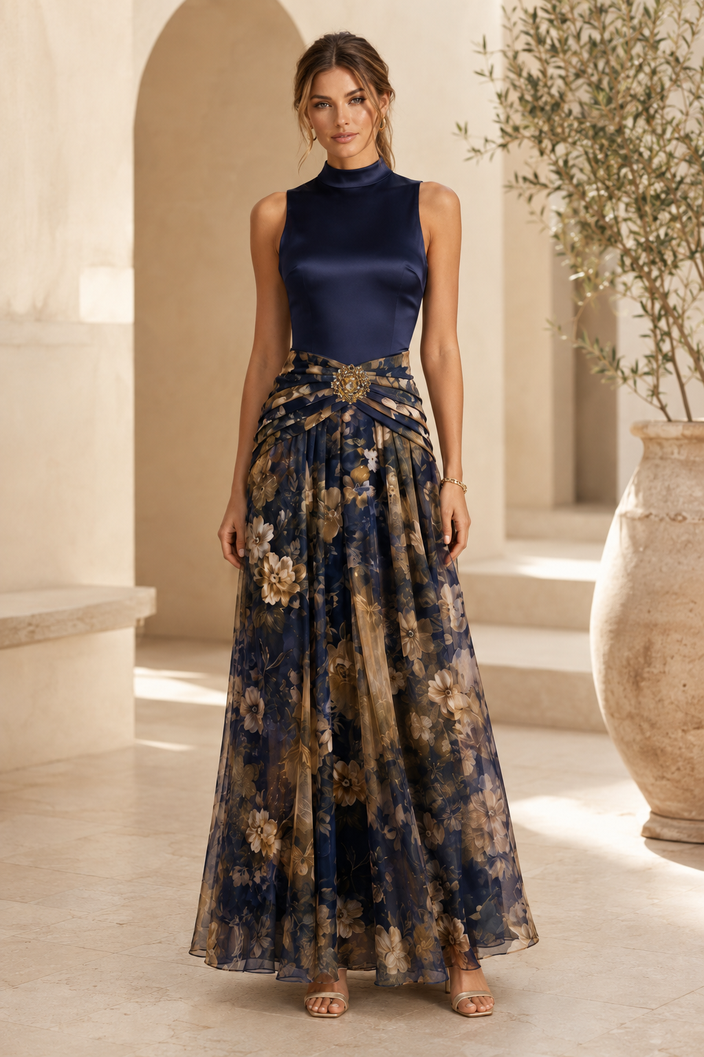 High-Neck Floral Print A-Line Evening Gown