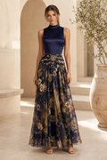 High-Neck Floral Print A-Line Evening Gown